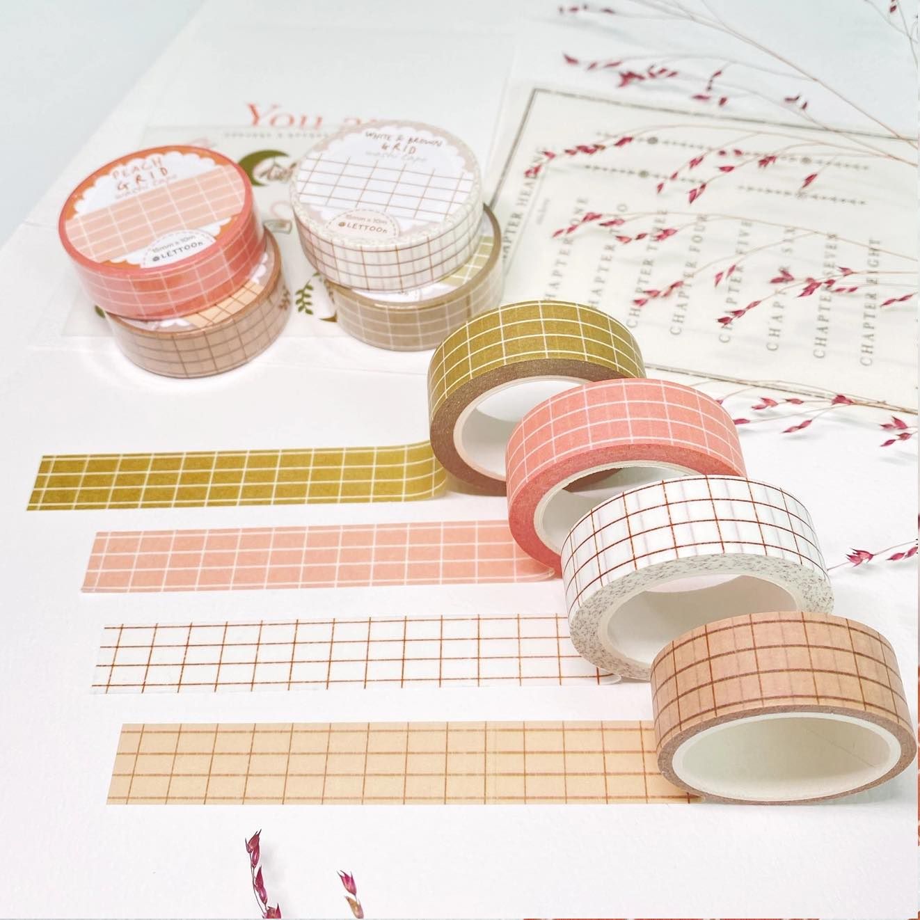 Washi tape Lettoon - White and Brown Grid 15 mm
