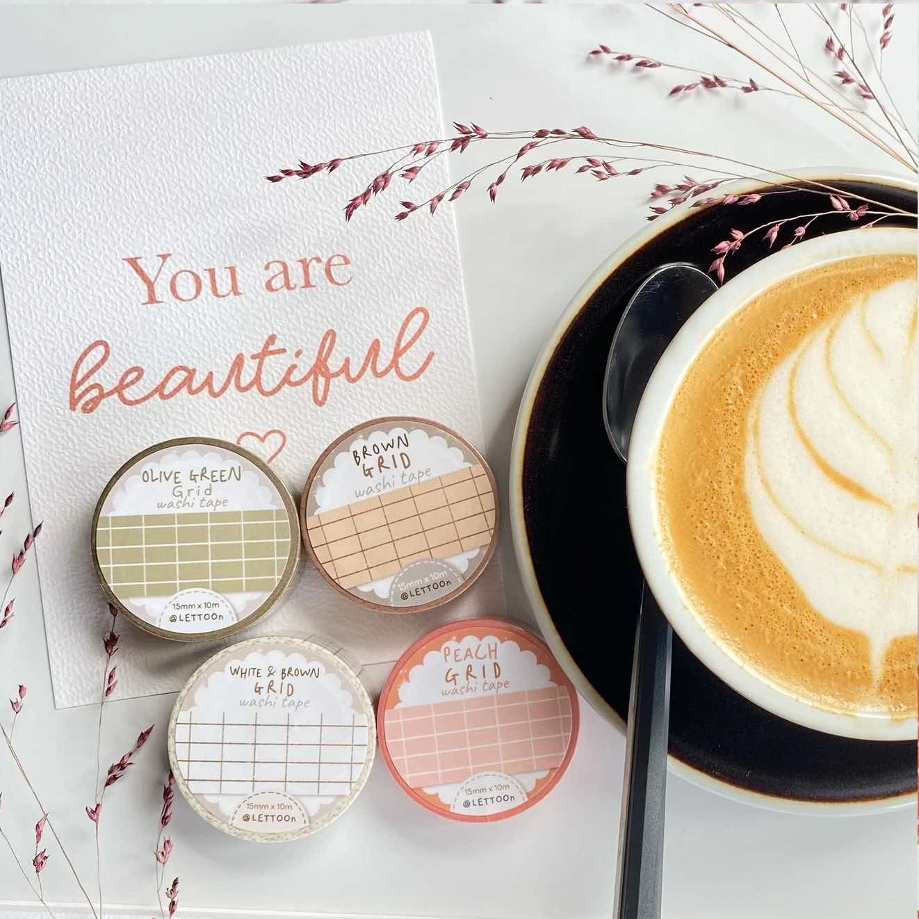 Washi tape Lettoon - White and Brown Grid 15 mm