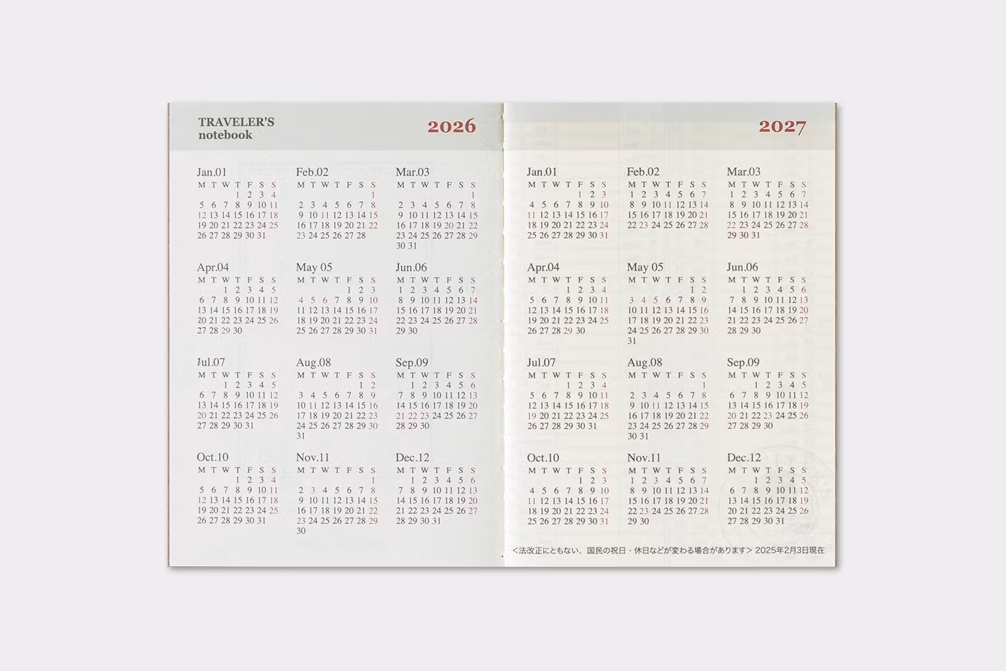 2026 Diary Refill (Weekly) - Passport Size // Traveler's Notebook