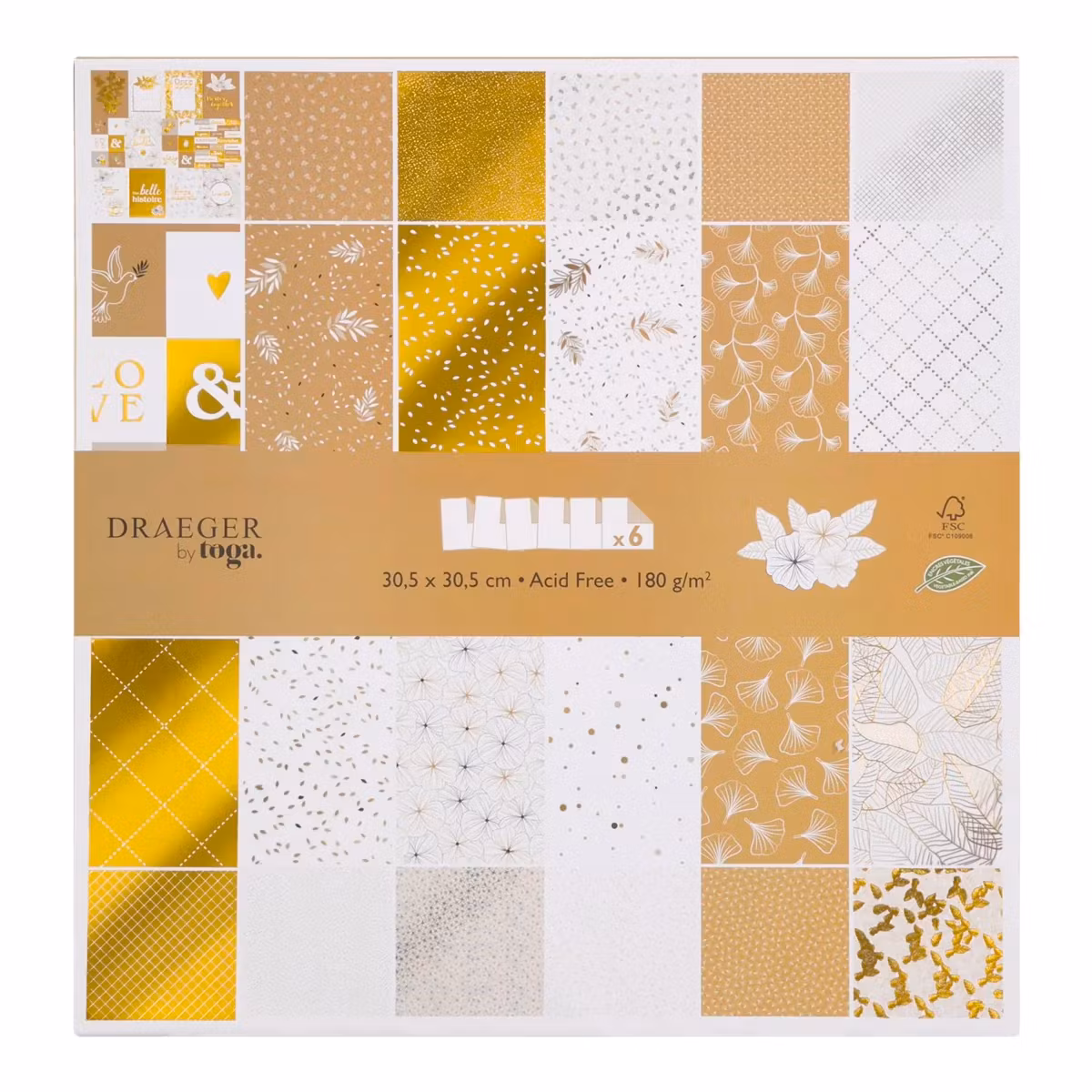 Mönstrat papper Vitt & Guld 30,5 x 30,5 cm