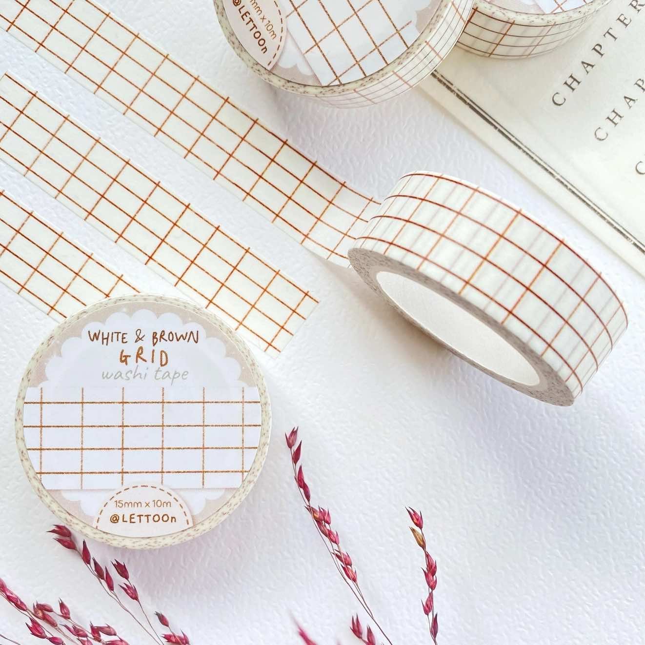 Washi tape Lettoon - White and Brown Grid 15 mm
