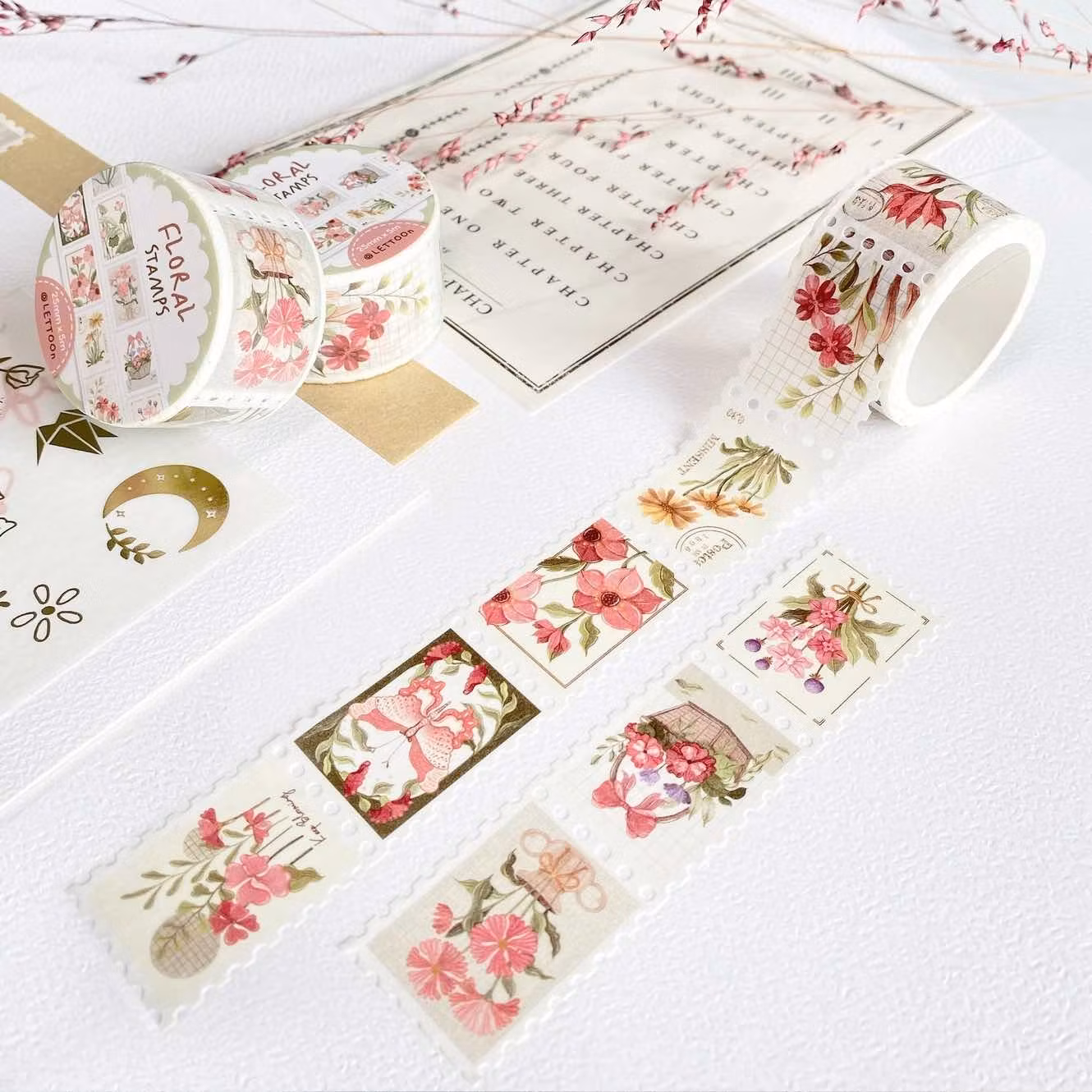Washi tape Lettoon - Floral Stamps 25 mm