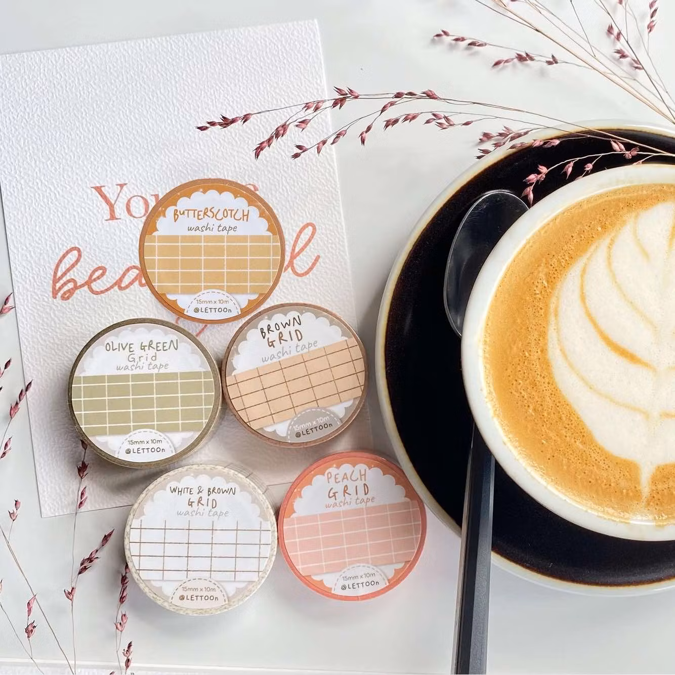 Washi tape Lettoon - Butterscotch Grid 15 mm
