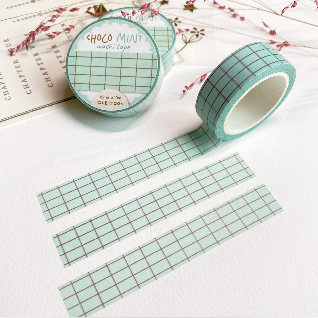 Washi tape Lettoon - Choco Mint Grid 15 mm