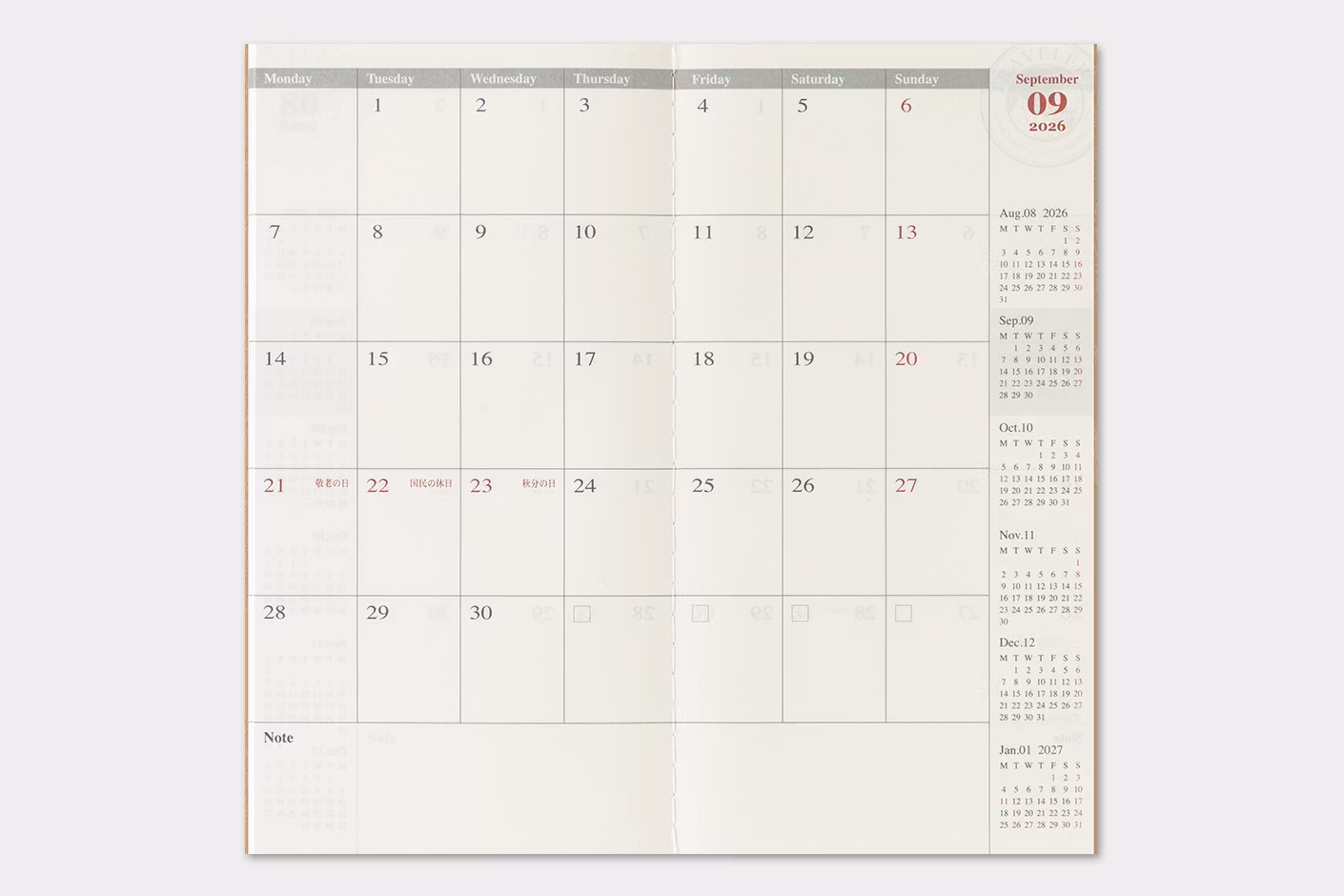 2026 Diary Refill (Monthly) - Regular Size // Traveler's Notebook