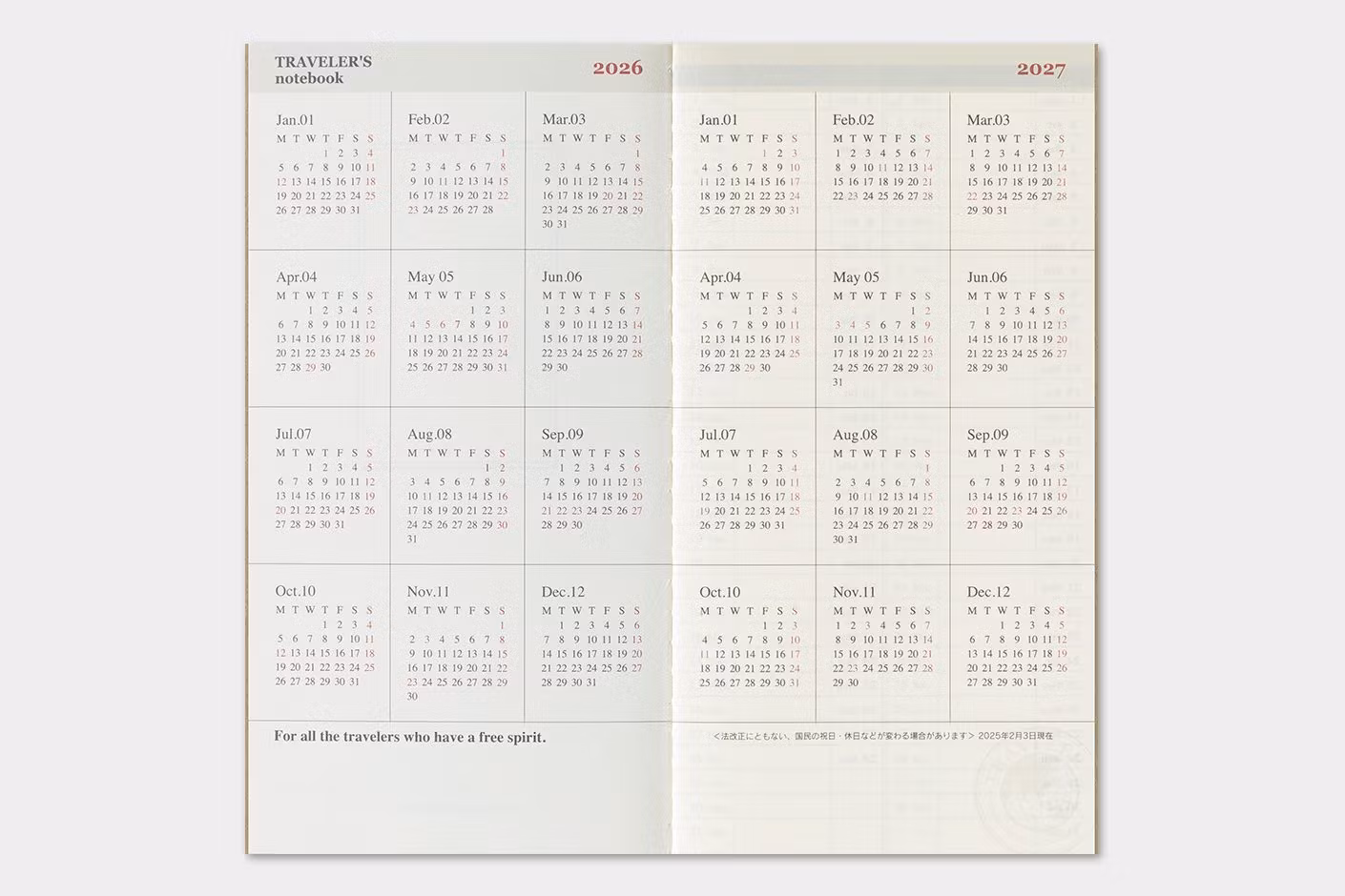 2026 Diary Refill (Weekly + memo) - Regular Size // Traveler's Notebook