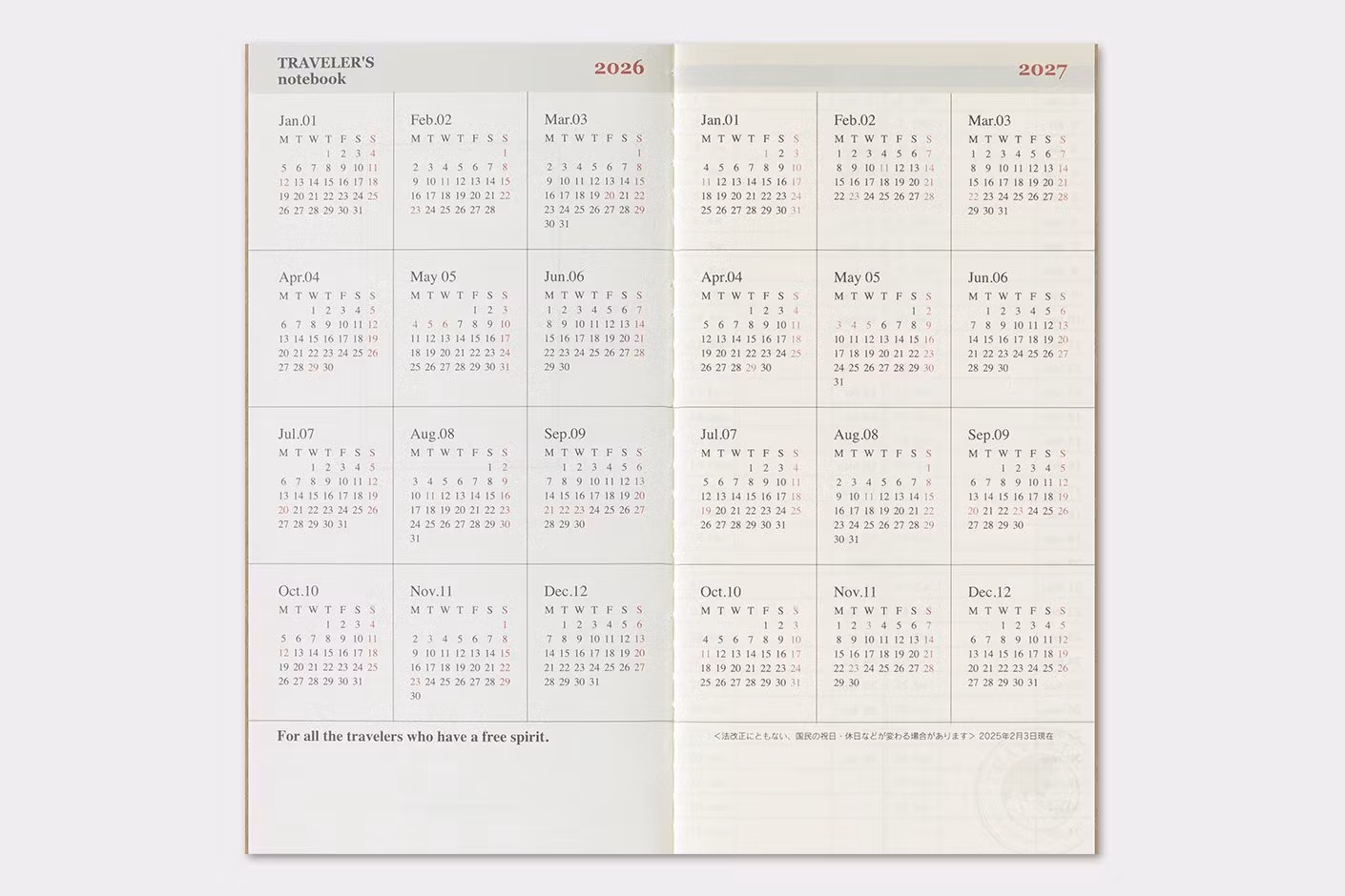 2026 Diary Refill (Weekly Vertical) - Regular Size // Traveler's Notebook