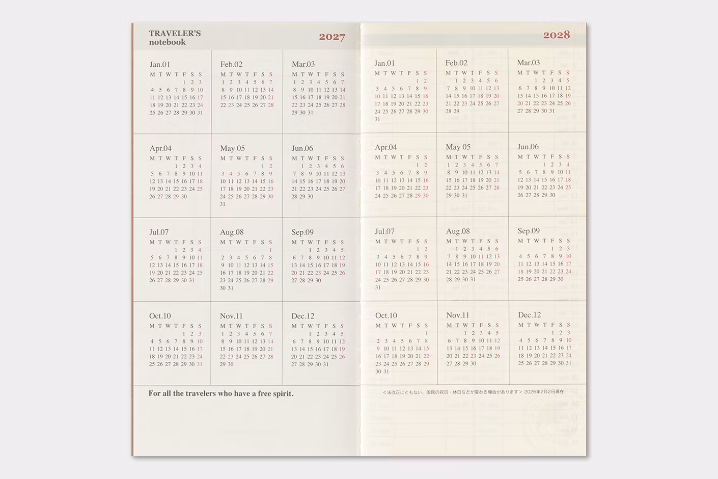 2027 Diary Refill (Weekly + memo) - Regular Size // Traveler's Notebook