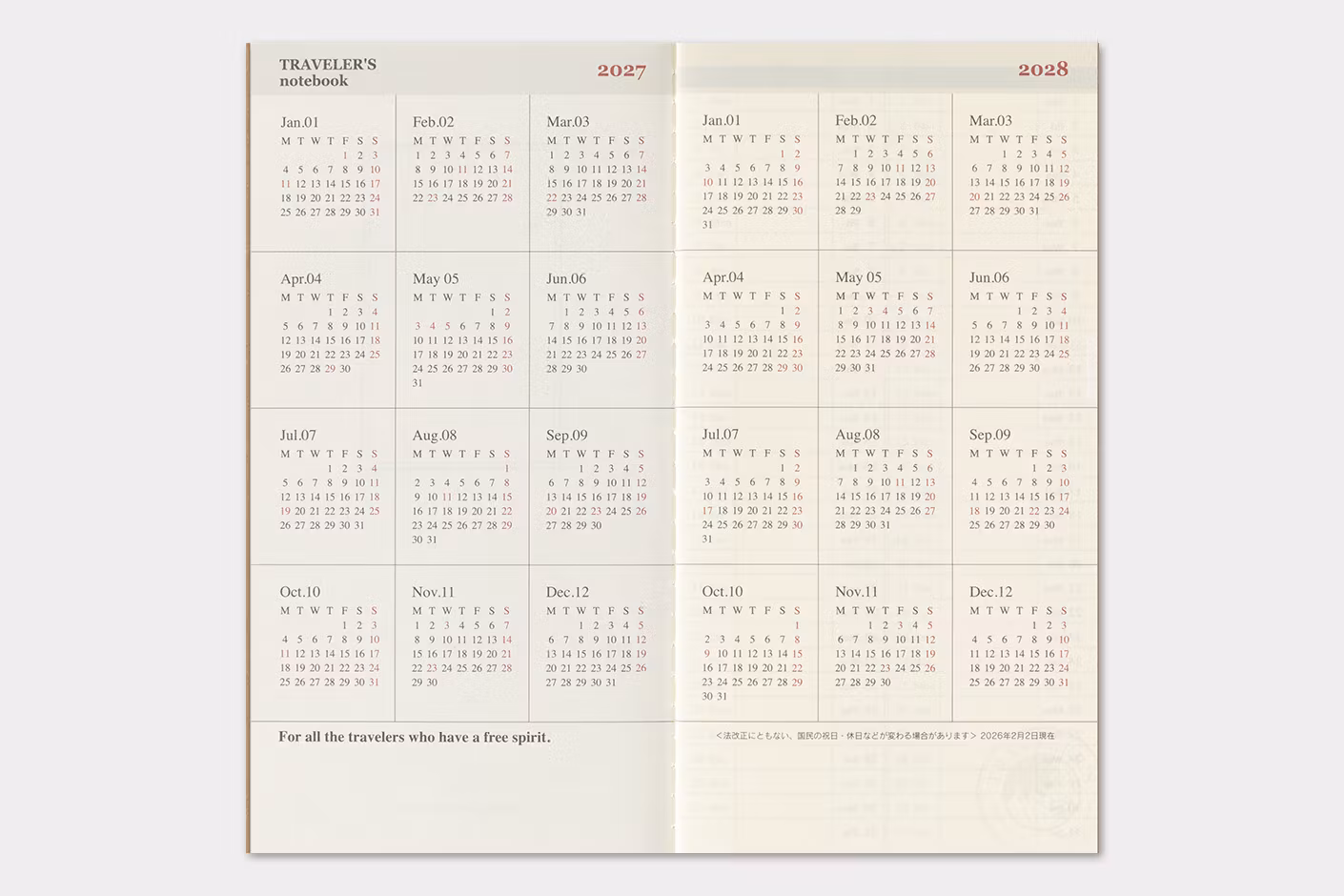 2027 Diary Refill (Weekly + memo) - Regular Size // Traveler's Notebook