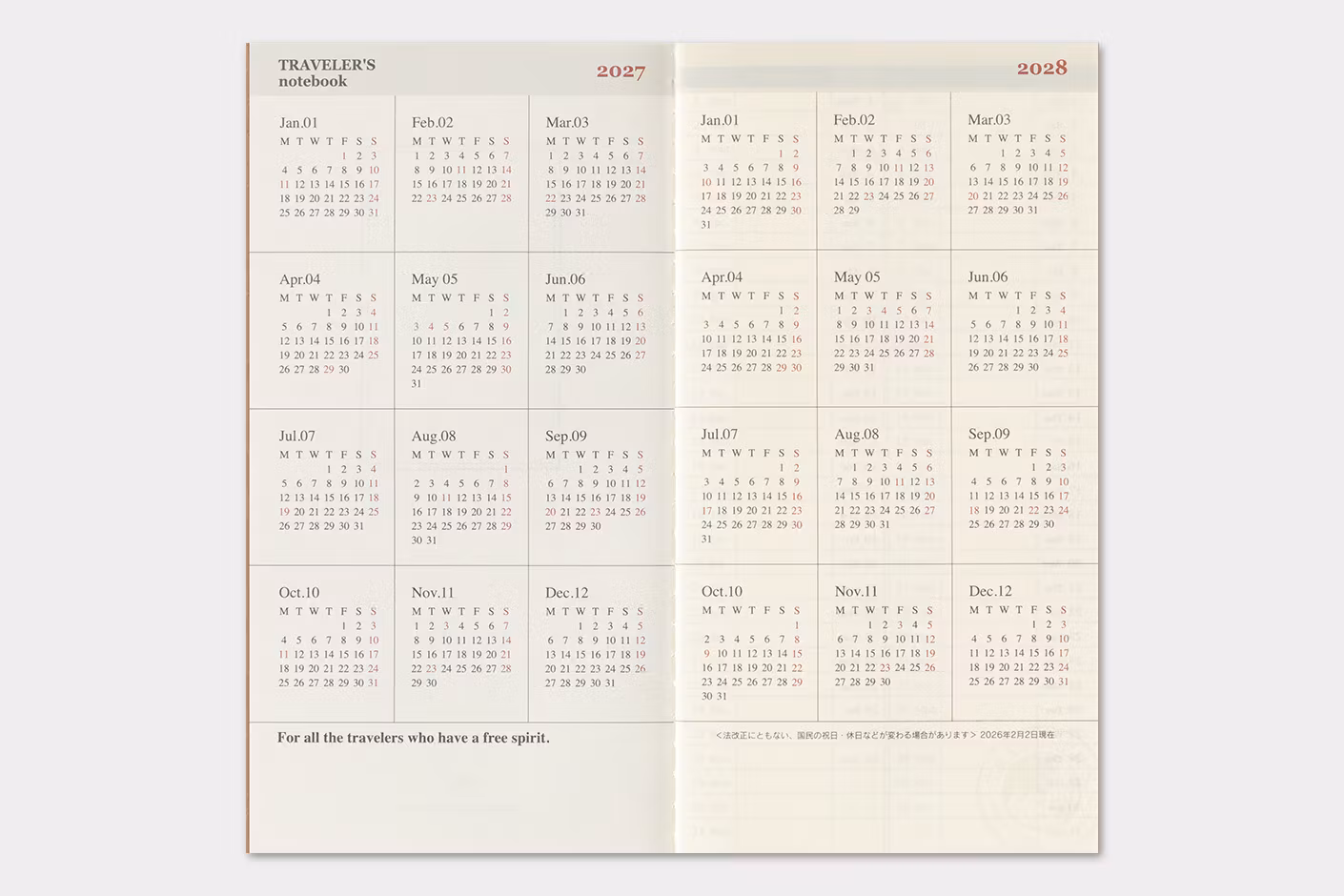 2027 Diary Refill (Weekly Vertical) - Regular Size // Traveler's Notebook