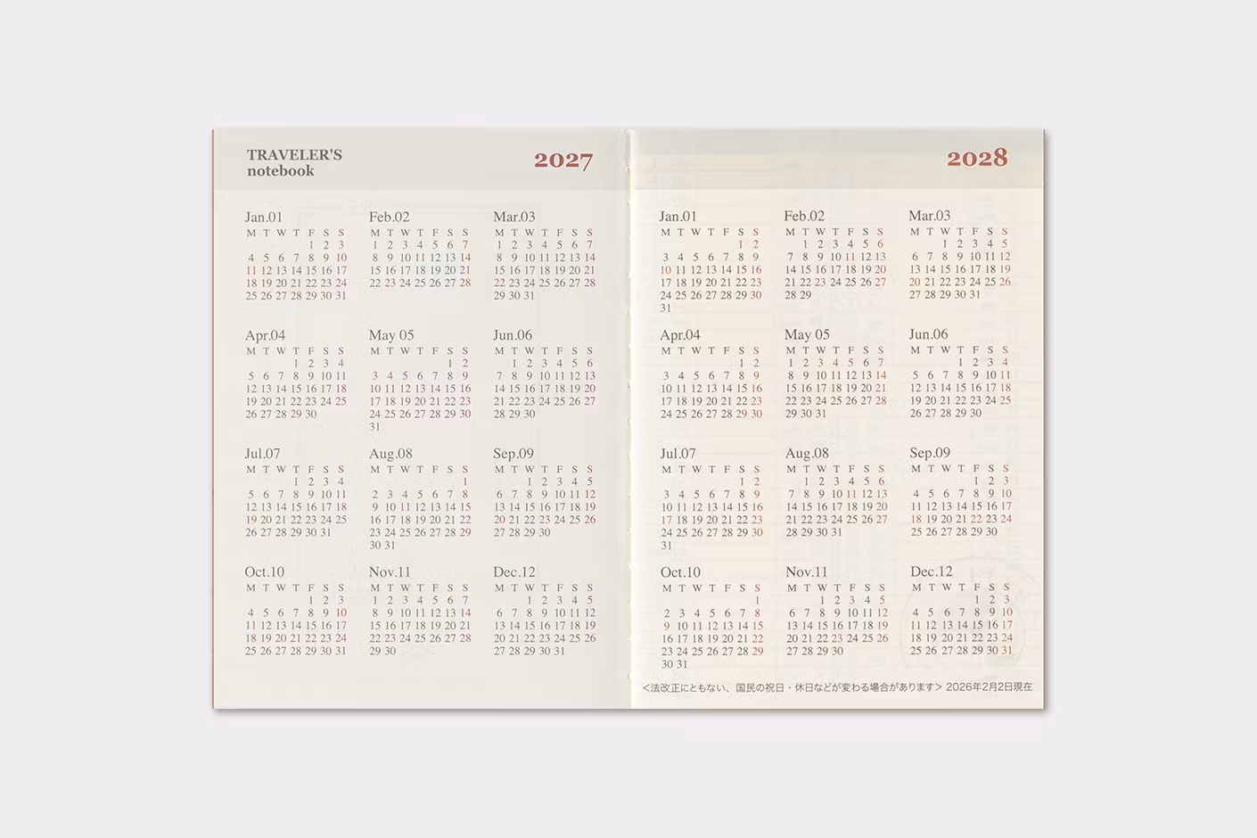 2027 Diary Refill (Weekly) - Passport Size // Traveler's Notebook
