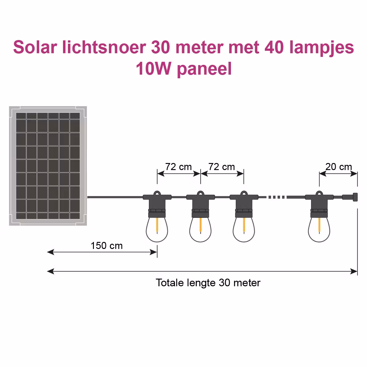 Outdoor Solar Light String – 30 Meters with 40 Bulbs – 10W Solar Panel