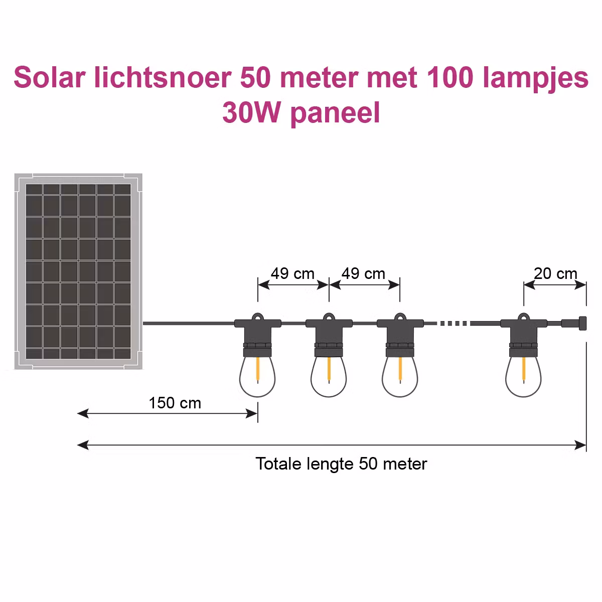 Outdoor String Lights - Solar Powered - 50 meters with 100 E27 Lights and 30W Solar Panel
