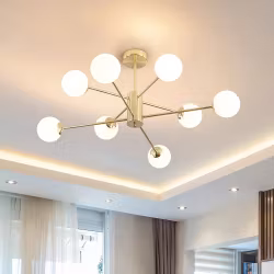 Design taklampa i sandguld med mjölkvitt glas - 8-ljus Idaho