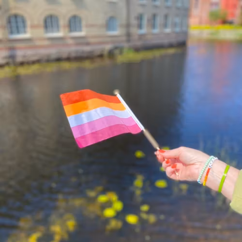 Liten flagga på pinne 21 x 14 cm LESBIAN SUNSET