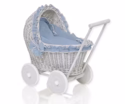 Flätad dockvagn, grå och pastel blå