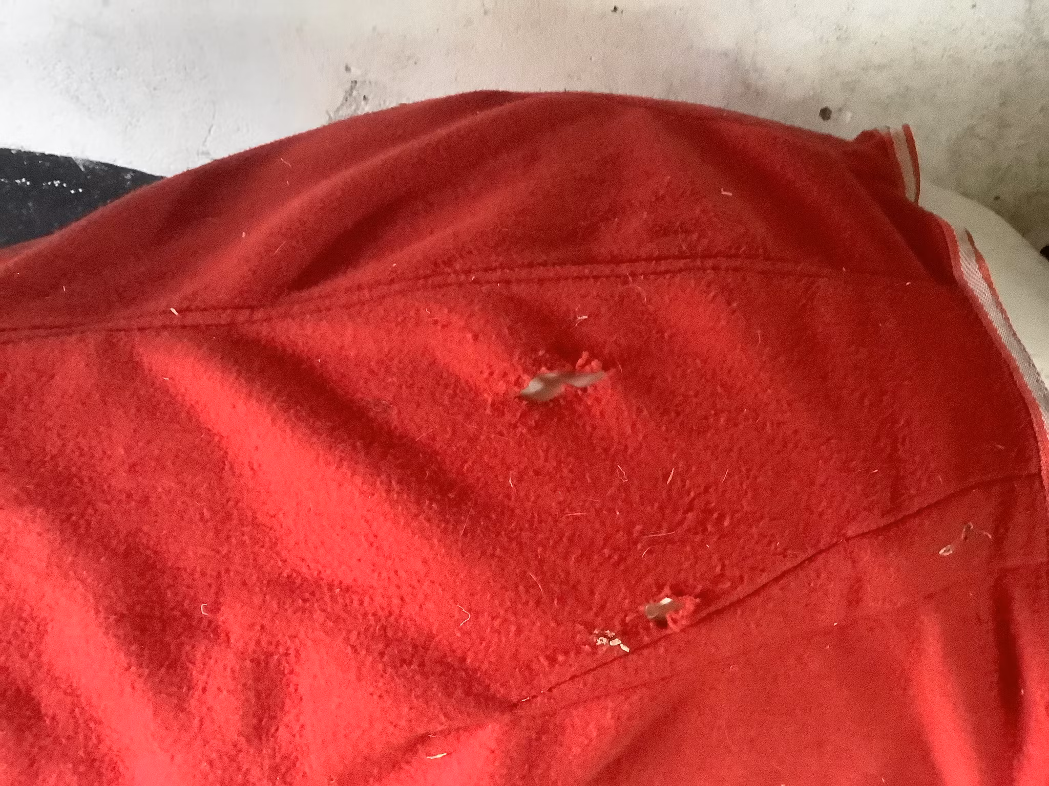 HKM,fleecetäcke,rött,lite hål,85 cm