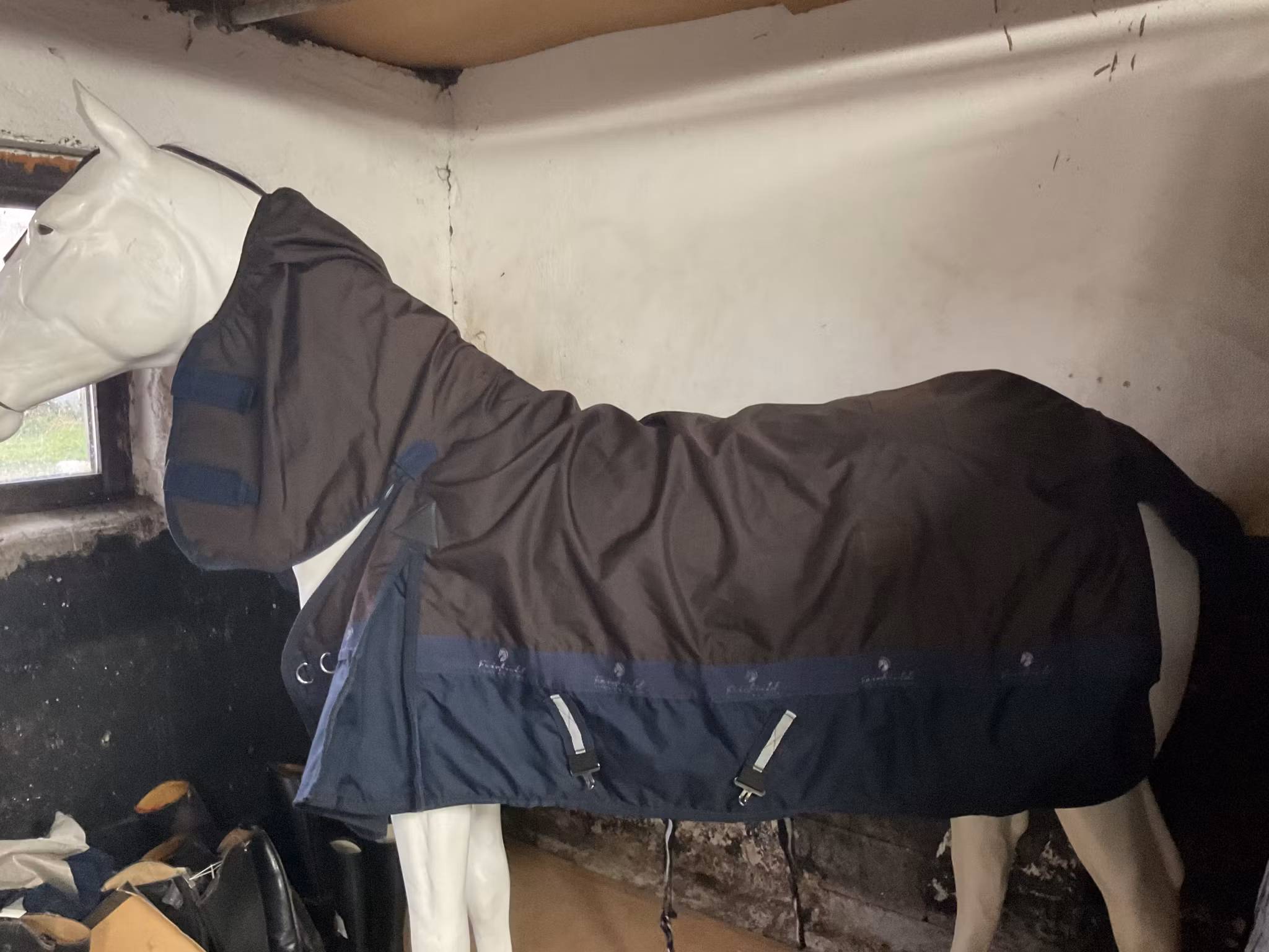 Fairfield regntäcke 115 cm,brun/blått med fast hals
