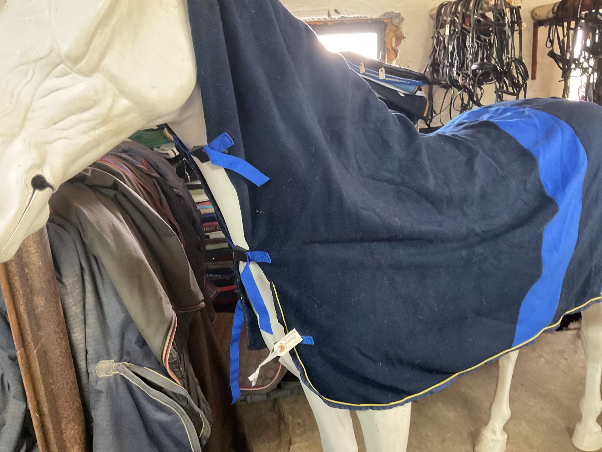 Fleecetäcke,blå/randigt, 115 cm, med fast hals