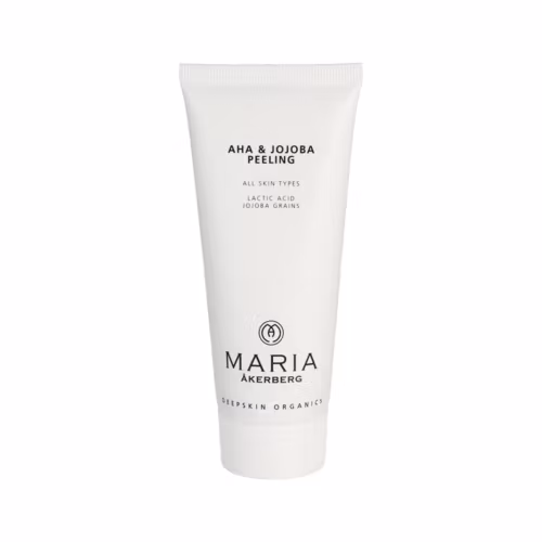 Maria Åkerberg AHA & Jojoba Peeling är en mekanisk syrapeeling för alla hudtyper. Naturlig Mjölksyra (AHA) av sockerbetor och små Jojobakorn förebygger pormaskar och acne, förnyar lyster, motverkar pi
