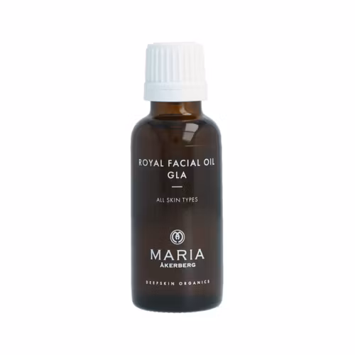 Maria Åkerberg Royal Facial Oil GLA är en utslätande och fuktgivande ansiktsolja med Gurkörtsolja, Jojobaolja och Nyponfröolja, lämplig för alla hudtyper, fri från eteriska oljor.  Royal Facial Oil GL