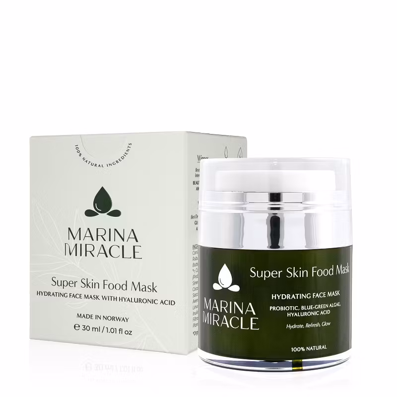 Marina Miracle Super Skin Food Mask verkar effektivt på trött och torr hud.  En djupt återfuktande mask med fantastisk doft av gröna äpplen   Fruktsyra- 4% AHA-syra) som ger huden aktiva näringsämnen