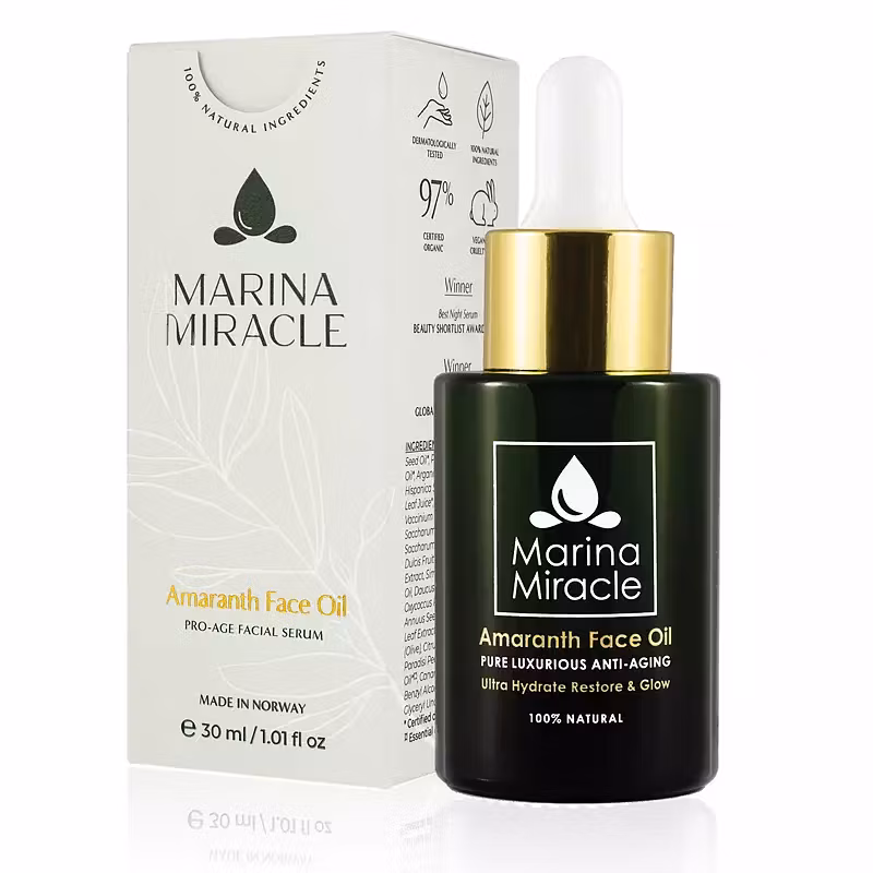 Marina Miracle Amaranth Face Oil är en lyxig olja för mogen hud med skandinaviska örter, amarantförolja och arktiskt tranbärsextrakt som förnyar och förbättrar hudens struktur och återfuktar på djupet