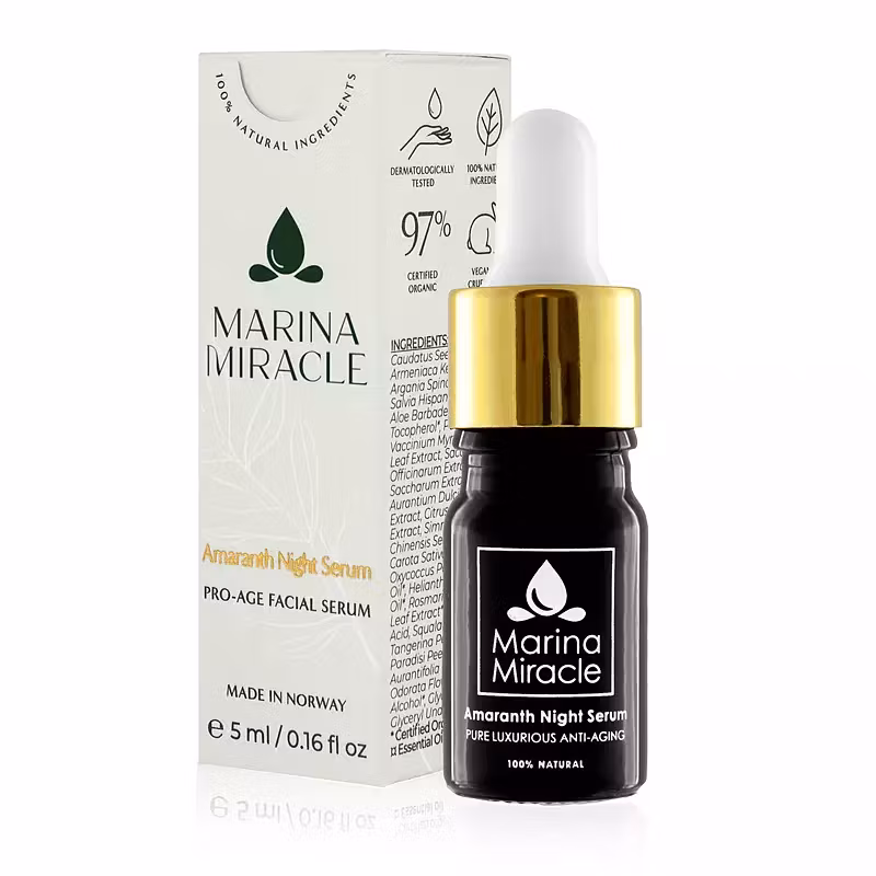 Ger lyster och jämn hudton. Marina Miracle Amaranth Night Serum är ett lyxig nattserum som förnyar, föryngrar och stramar upp huden medan du sover.