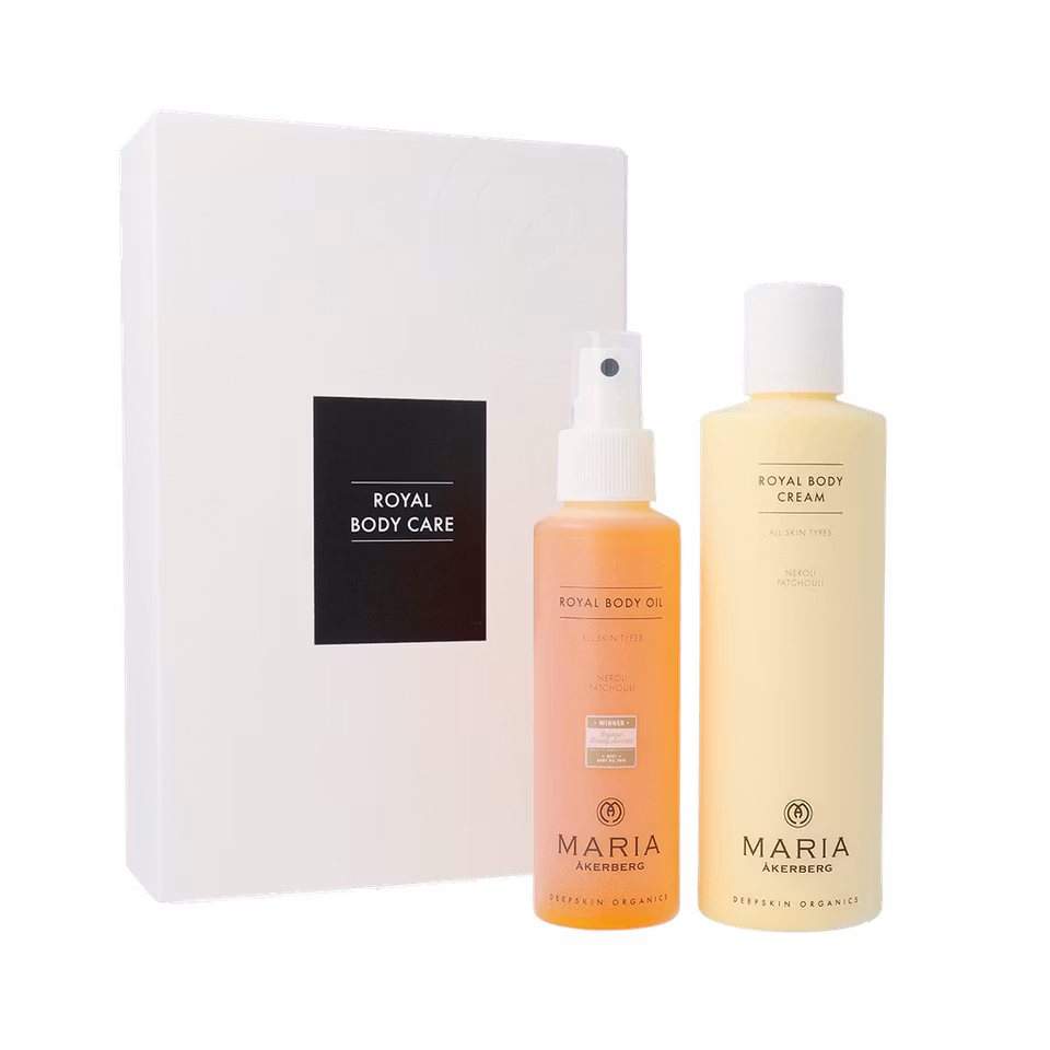 Maria Åkerberg Royal Body Care är ett set i Limited Edition, med två lyxiga kroppsprodukter som mjukgör och stramar upp huden