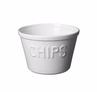 Chipsskål, vit med vit text