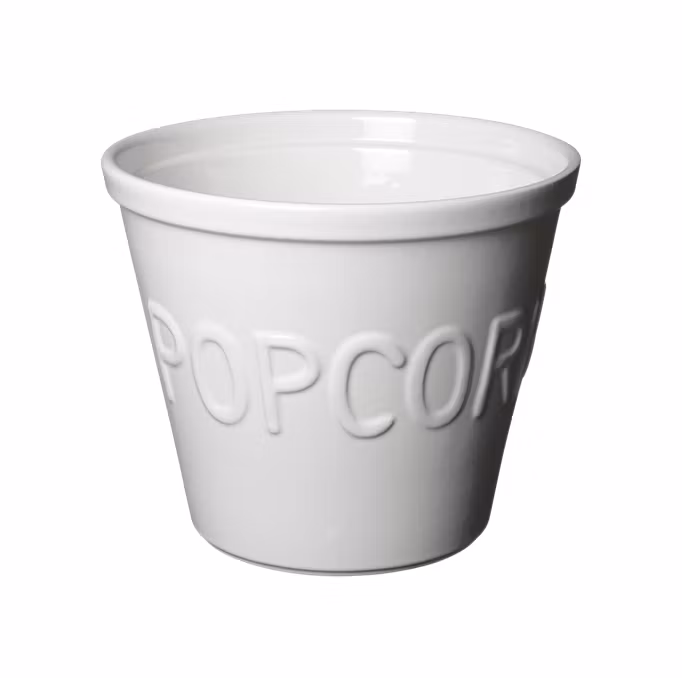 Popcornskål, vit med vit text
