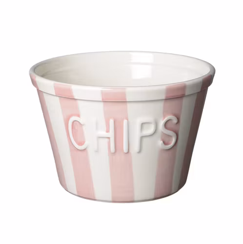 Chipsskål, rosa med vit text Stripes