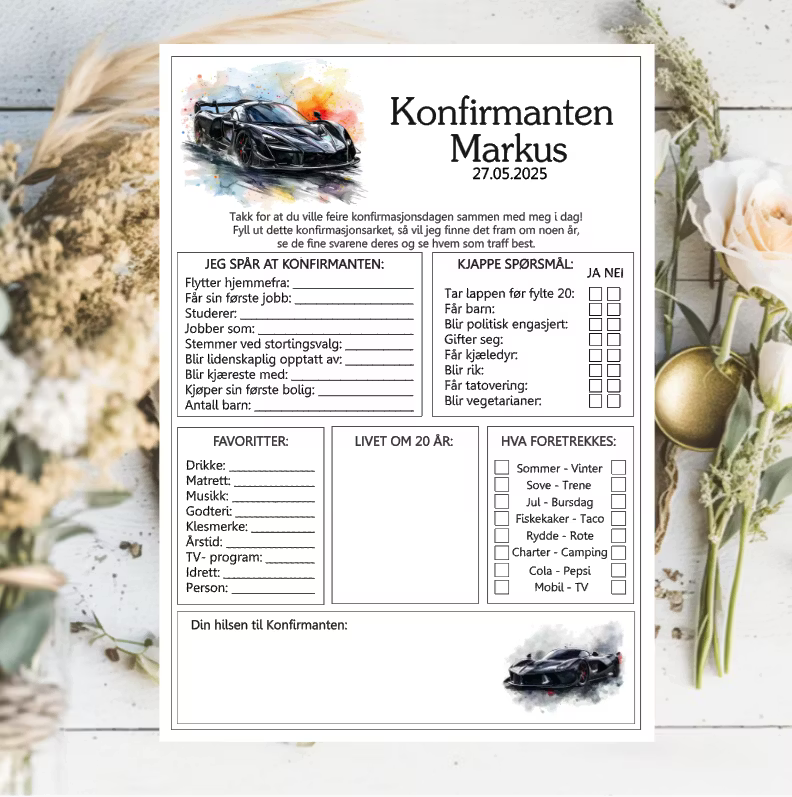 Racerbil - konfirmasjonsark