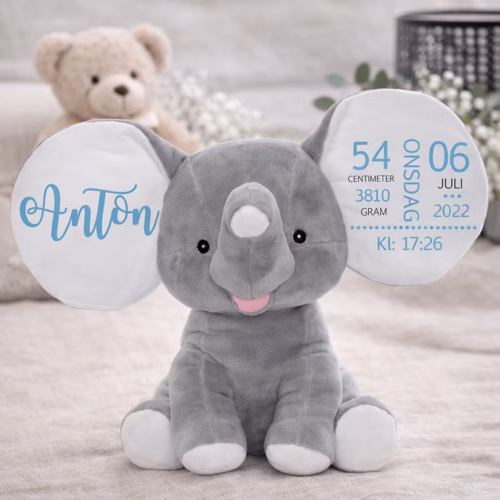 Grå fødselsbamse m/ blå skrift