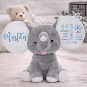 Grå fødselsbamse m/ blå skrift