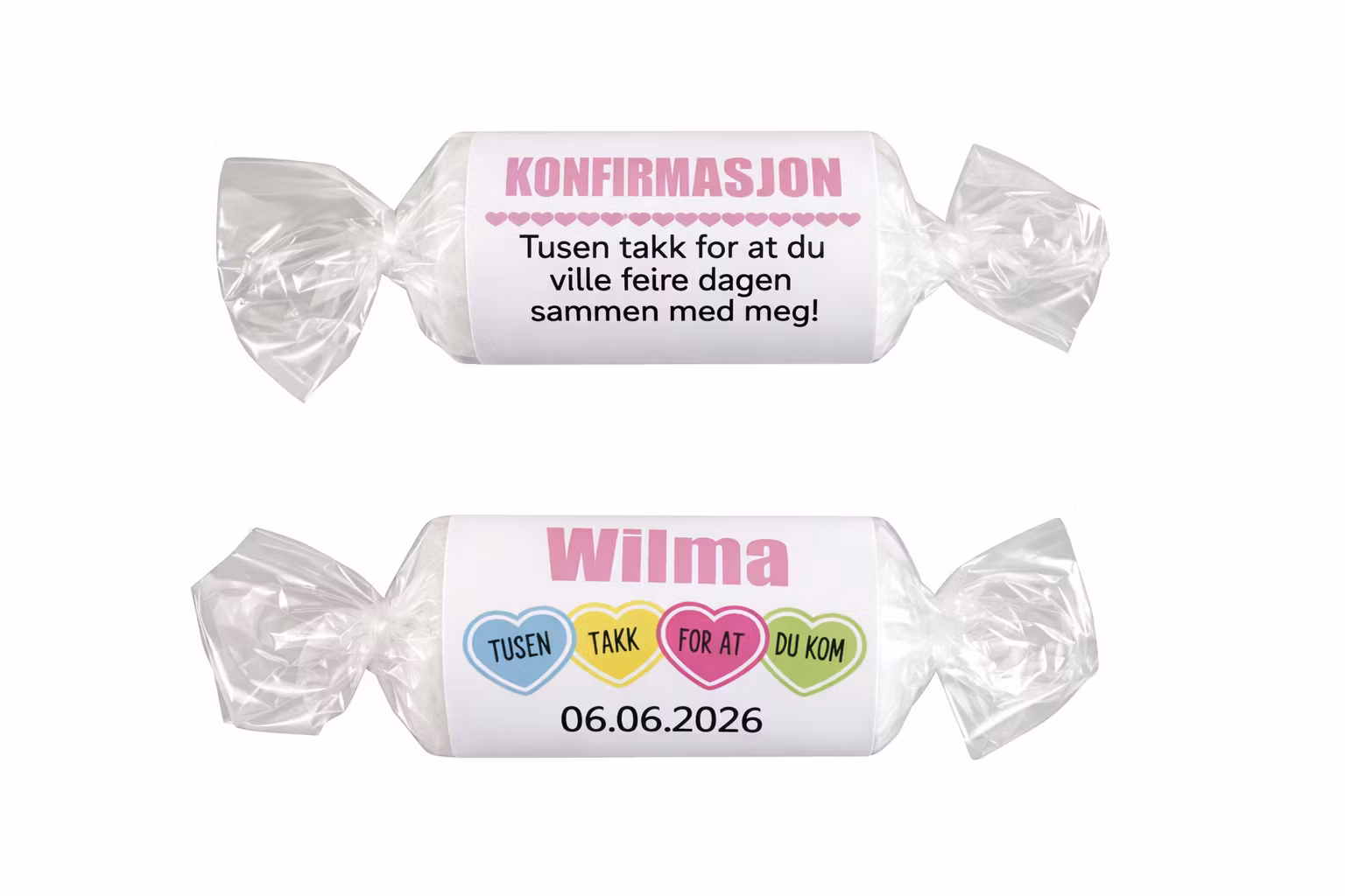 Love hearts etiketter, konfirmasjon rosa