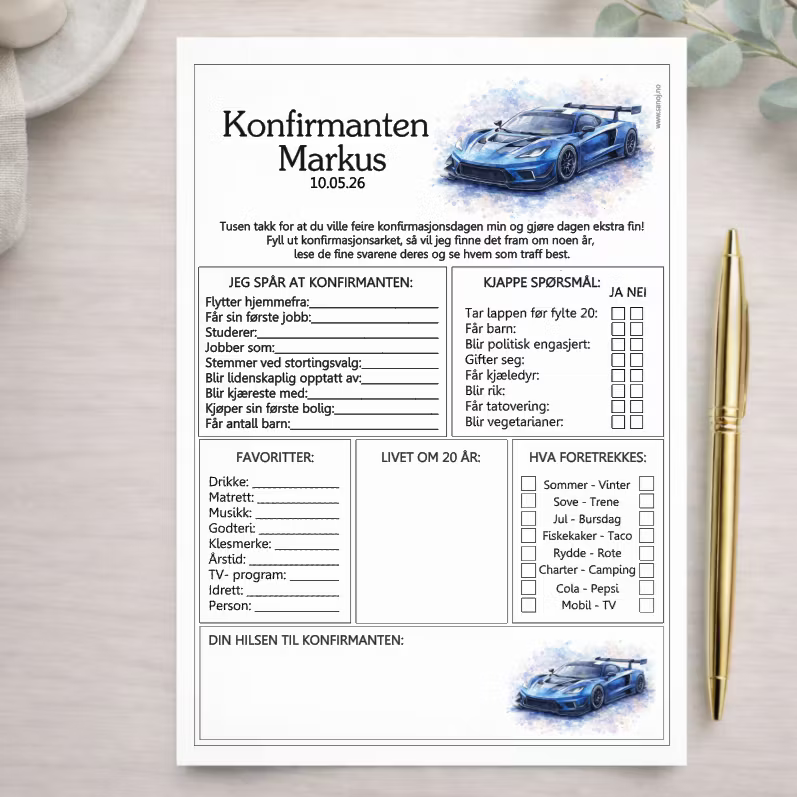 Konfirmasjonsark - Racerbil