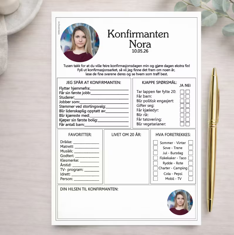 Konfirmasjonsark - Valgfritt bilde
