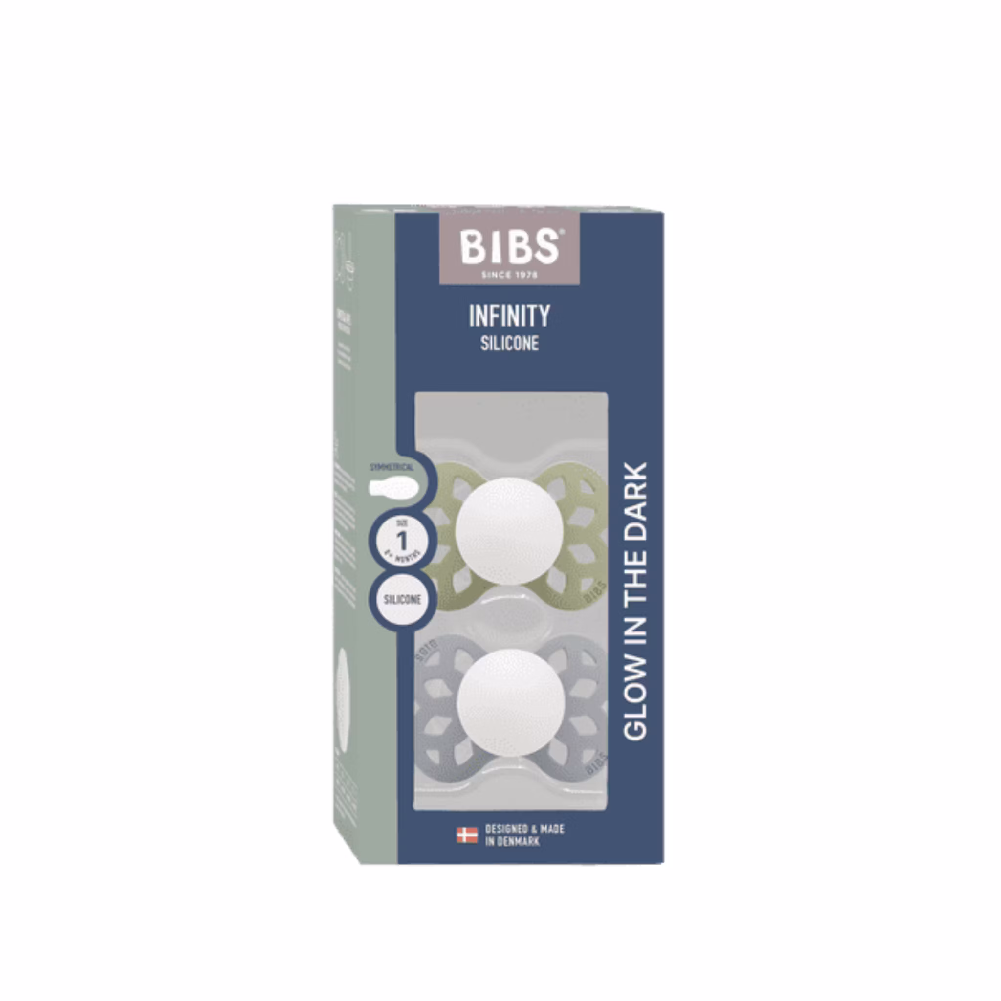 BIBS Infinity självlysande nappar Sage glow/Cloud glow 2-pack