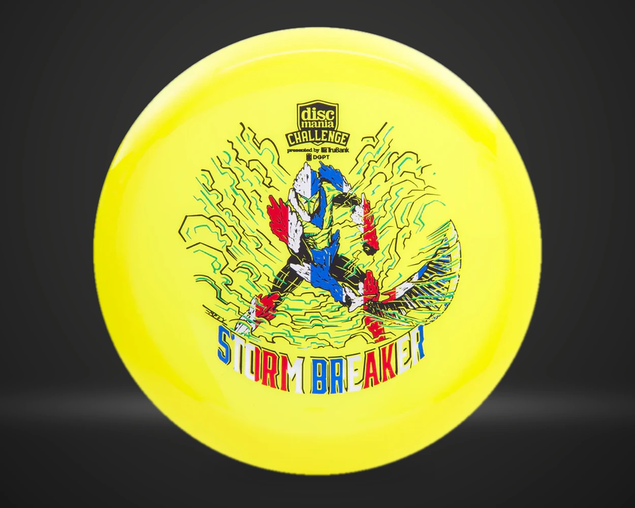 Neo Function Storm Breaker Discmania Challenge Fundraiser fairway driver i gul, vist forfra på mørk produktbakgrunn