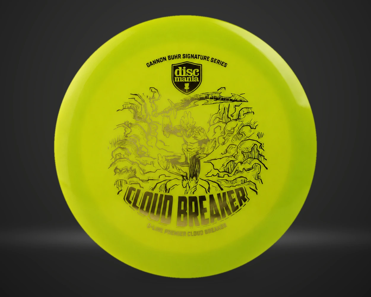 Q-Line Premier Cloudbreaker Gannon Buhr Signature Series distance driver i gulgrønn, vist forfra på mørk produktbakgrunn