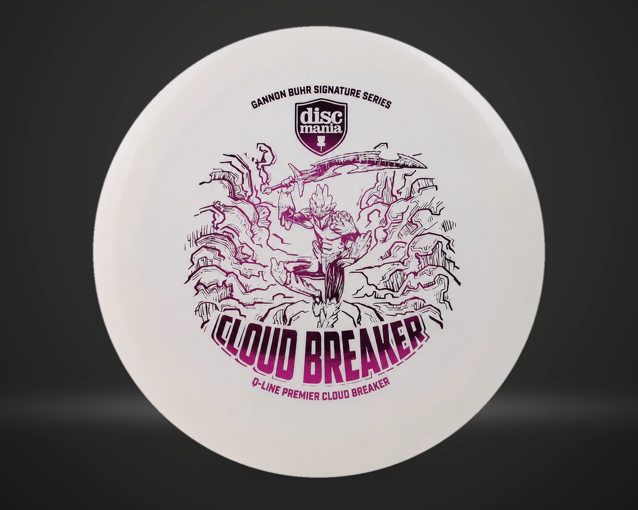 Q-Line Premier Cloudbreaker Gannon Buhr Signature Series distance driver i hvit, vist forfra på mørk produktbakgrunn