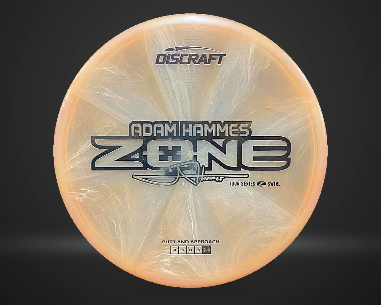Z Swirl Zone Adam Hammes Team Series 2025 approach disc i ferskenfarget plast, vist forfra på mørk produktbakgrunn