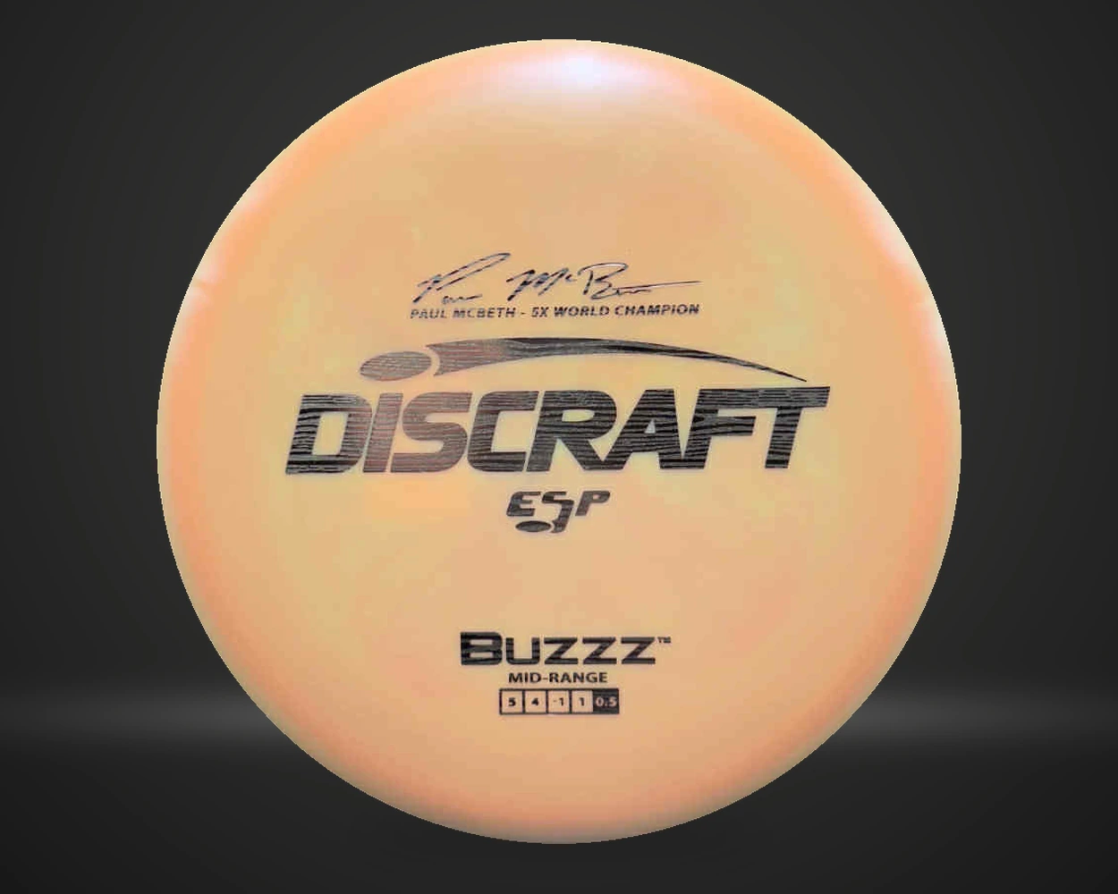 ESP Buzzz Paul McBeth 5x World Champion midrange i flerfarget plast, vist forfra på mørk produktbakgrunn