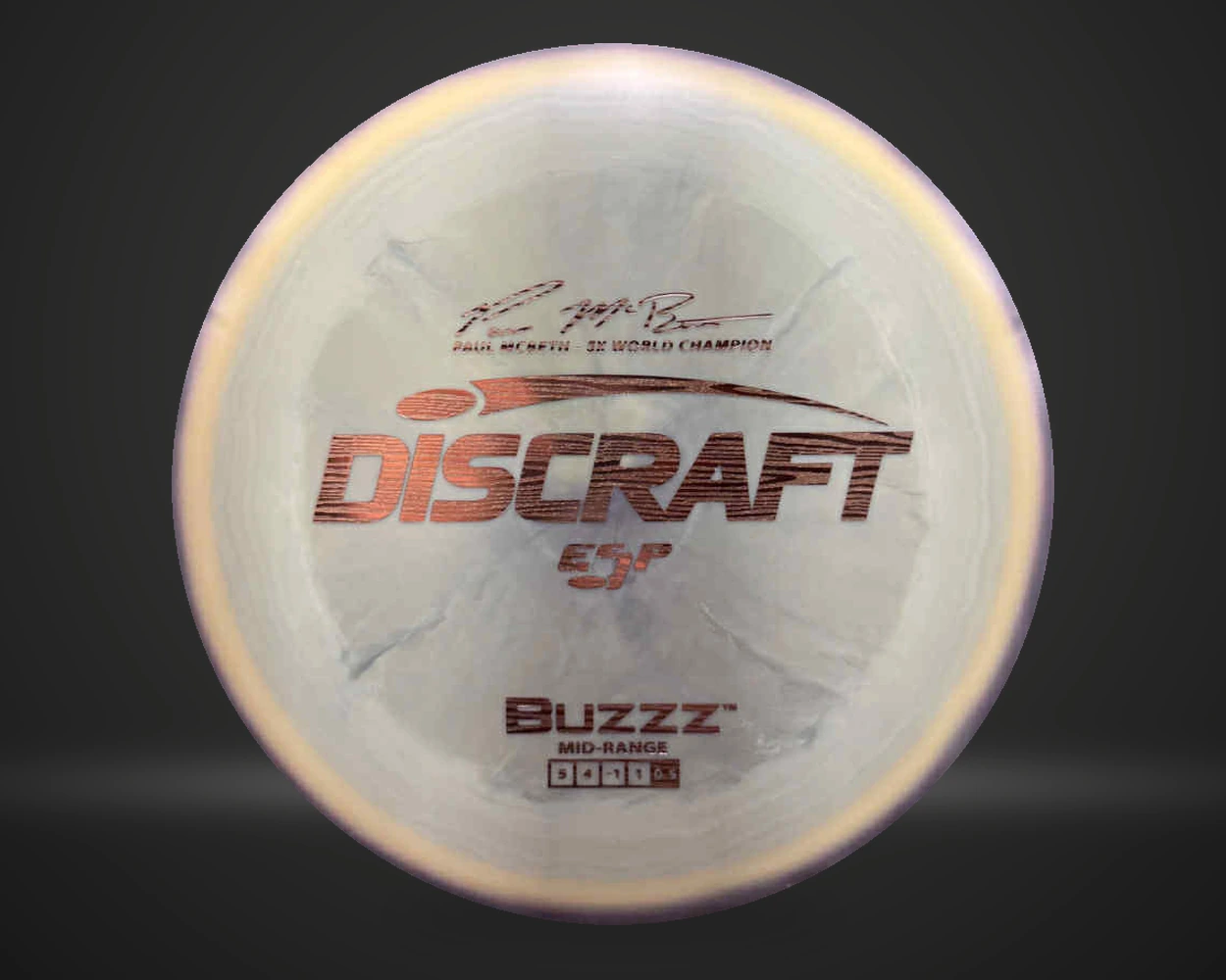 ESP Buzzz Paul McBeth 5x World Champion midrange i flerfarget plast, vist forfra på mørk produktbakgrunn