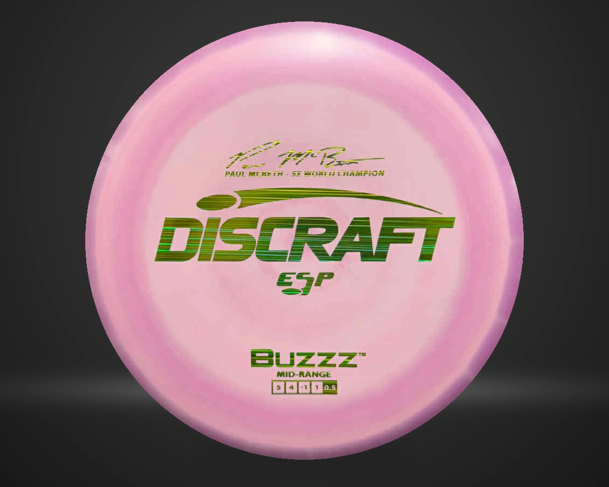 ESP Buzzz Paul McBeth 5x World Champion midrange i flerfarget plast, vist forfra på mørk produktbakgrunn