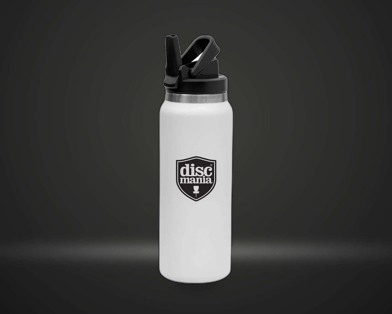 Stainless Steel Water Bottle drikkeflaske i hvit med Discmania-logo, vist forfra på mørk produktbakgrunn