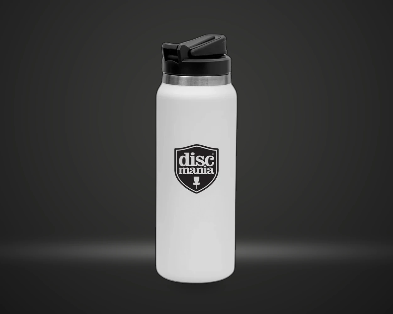 Stainless Steel Water Bottle drikkeflaske i hvit med Discmania-logo, vist forfra på mørk produktbakgrunn