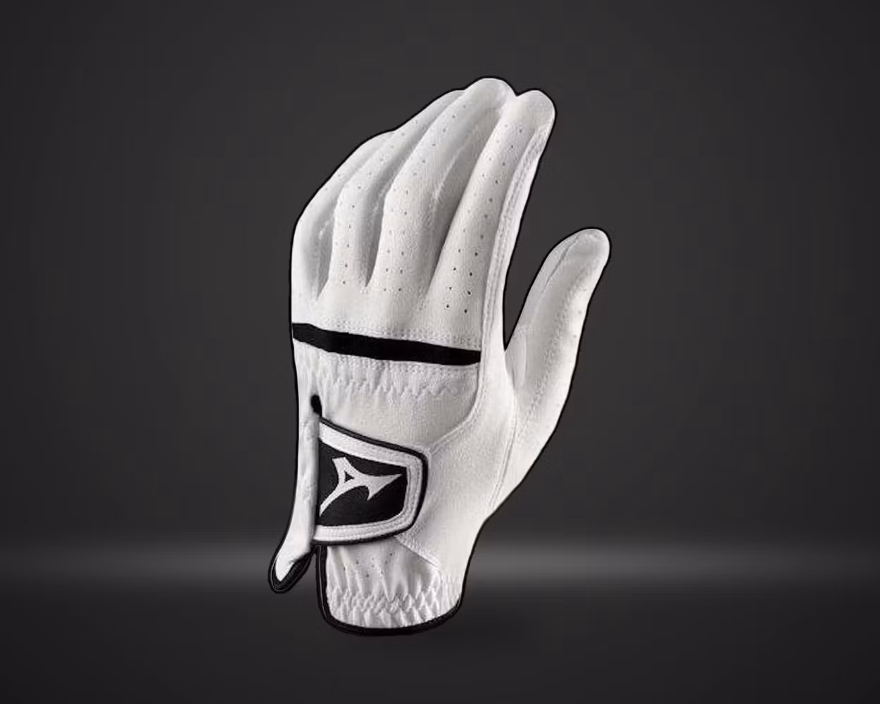 Mizuno Comp Golf MLH golfhanske i hvit, vist forfra på mørk produktbakgrunn
