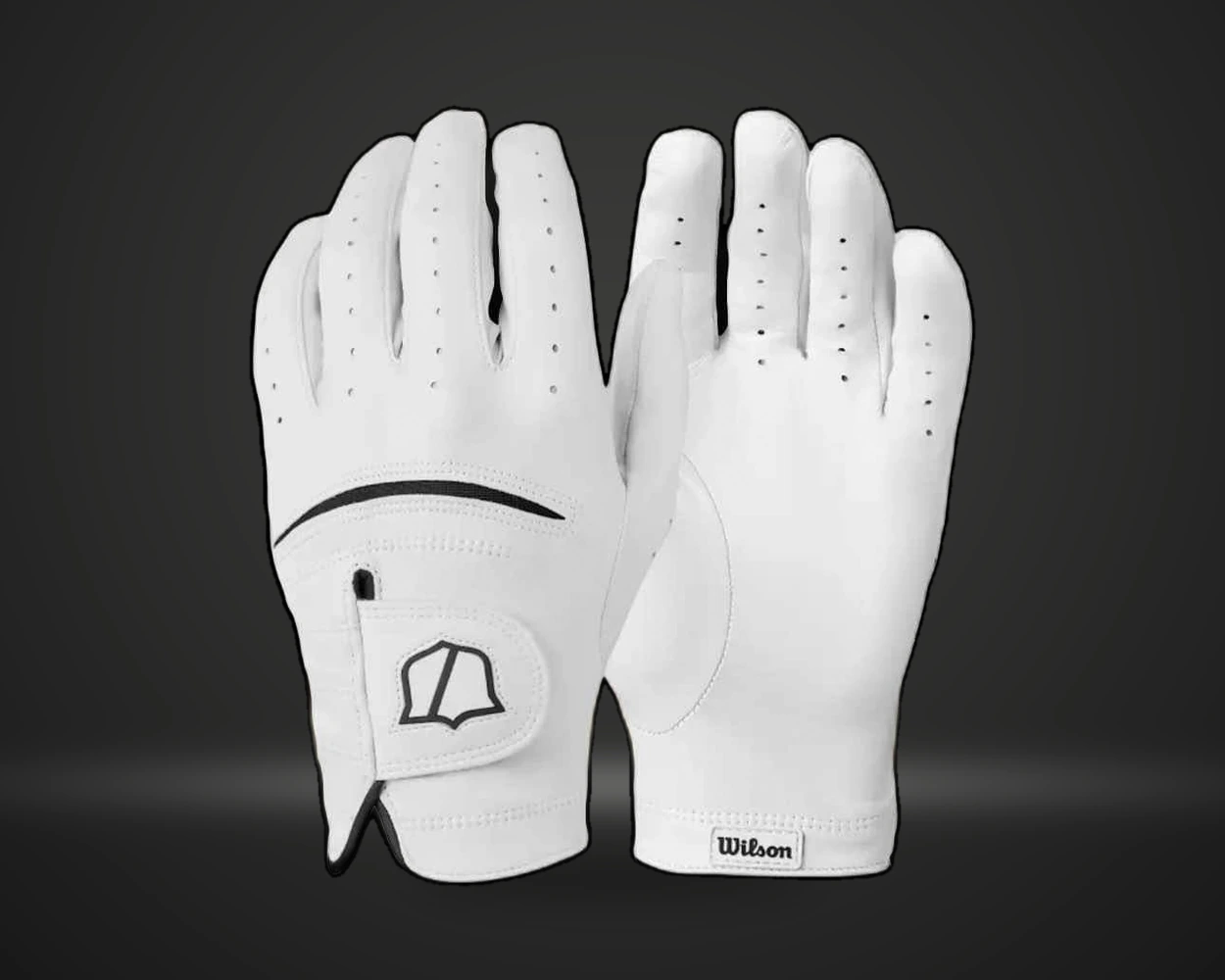 Wilson Staff Model MLH golfhansker i hvit, vist forfra og bakfra på mørk produktbakgrunn